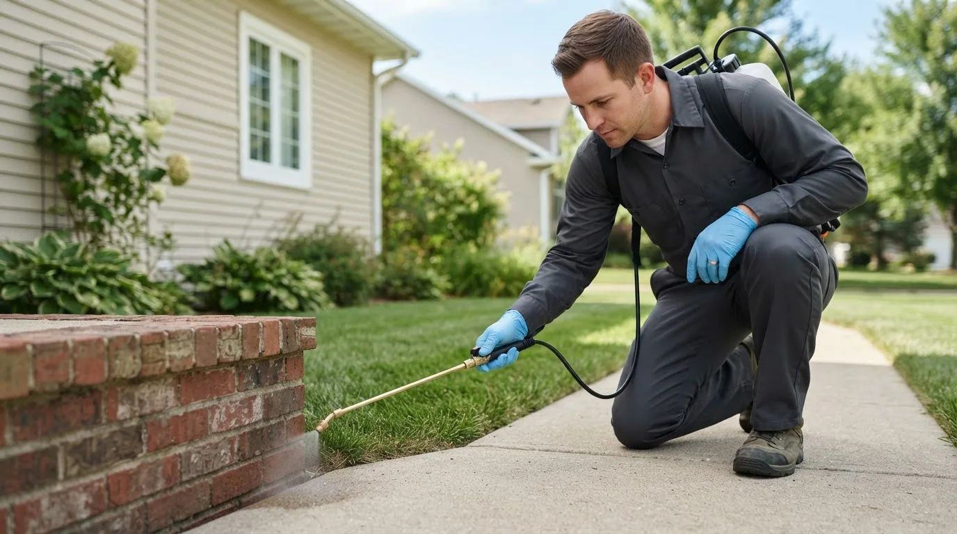Pest control technician treating a home near Conway, WA